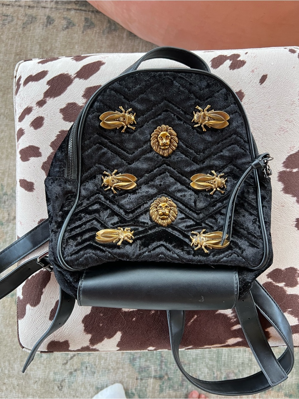 Anthropologie Black Velvet Mini Backpack with Gold Bee & Lion Accents